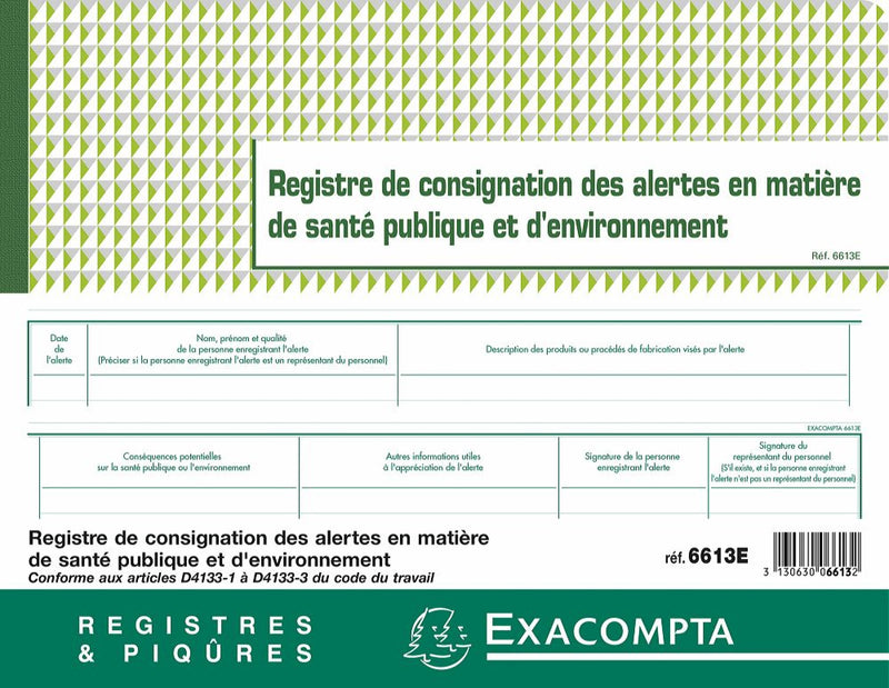 Registre de consignation des alertes en matière de santé publique et d'environnement EXACOMPTA ® 2