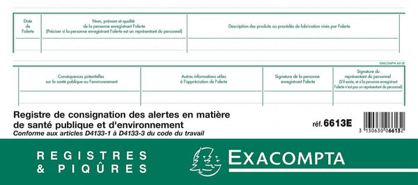 Registre de consignation des alertes en matière de santé publique et d'environnement EXACOMPTA ® 1